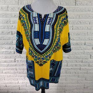 It Girl Women's XL Yellow Blue Tunic Top Boho Geometric V-Neck Cotton GEO245E